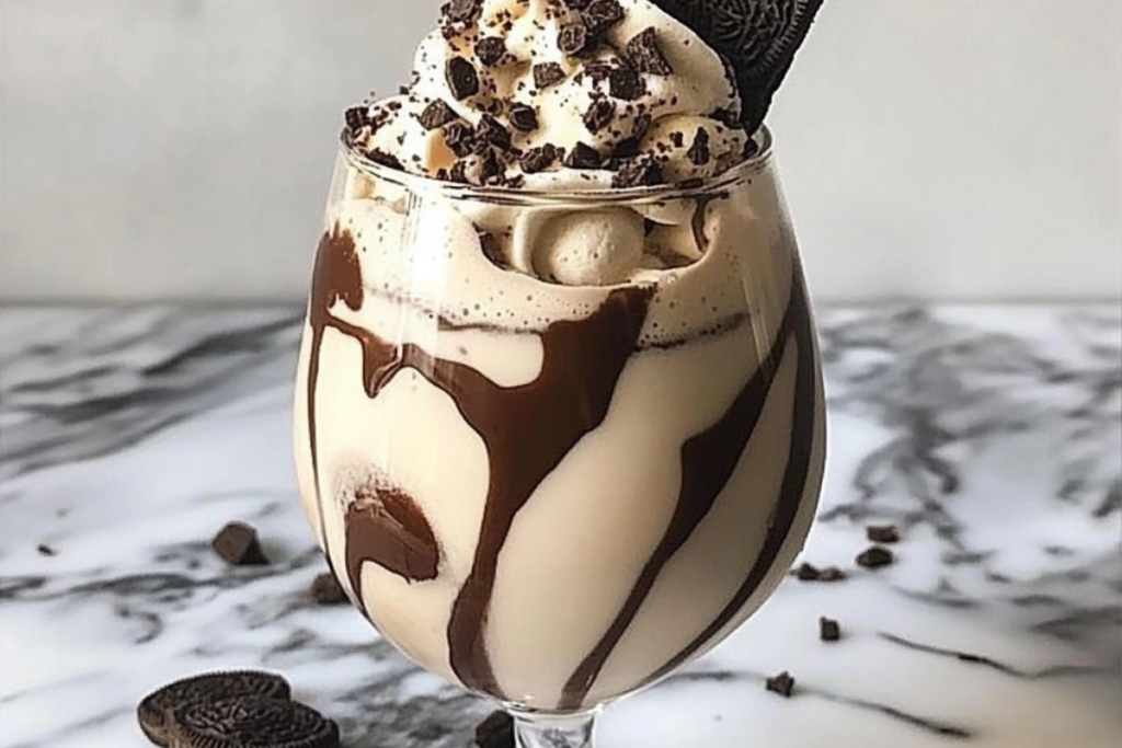 Boozy Baileys Oreo Milkshake topped with whipped cream, crushed Oreos, and chocolate drizzle in a tall glass.