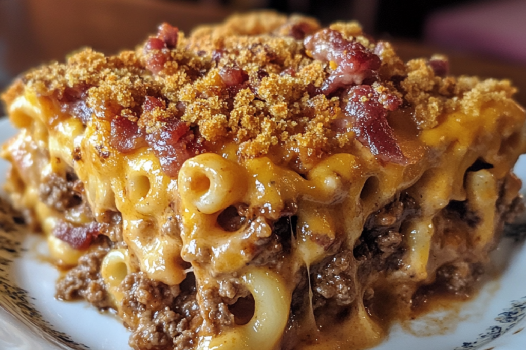 BBQ Bacon Cheeseburger Mac 'n' Cheese Casserole baked with crispy bacon, ground beef, and melted cheese.