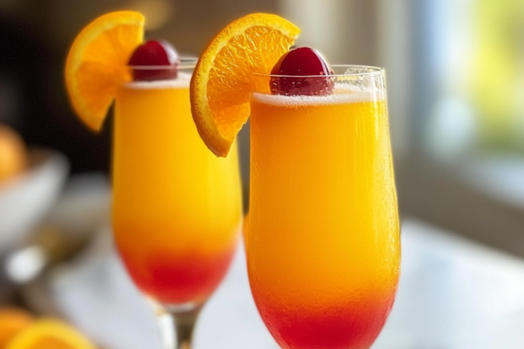 Colorful Mahomies Mimosa cocktail with layered champagne and fruit juice, garnished with a citrus twist.