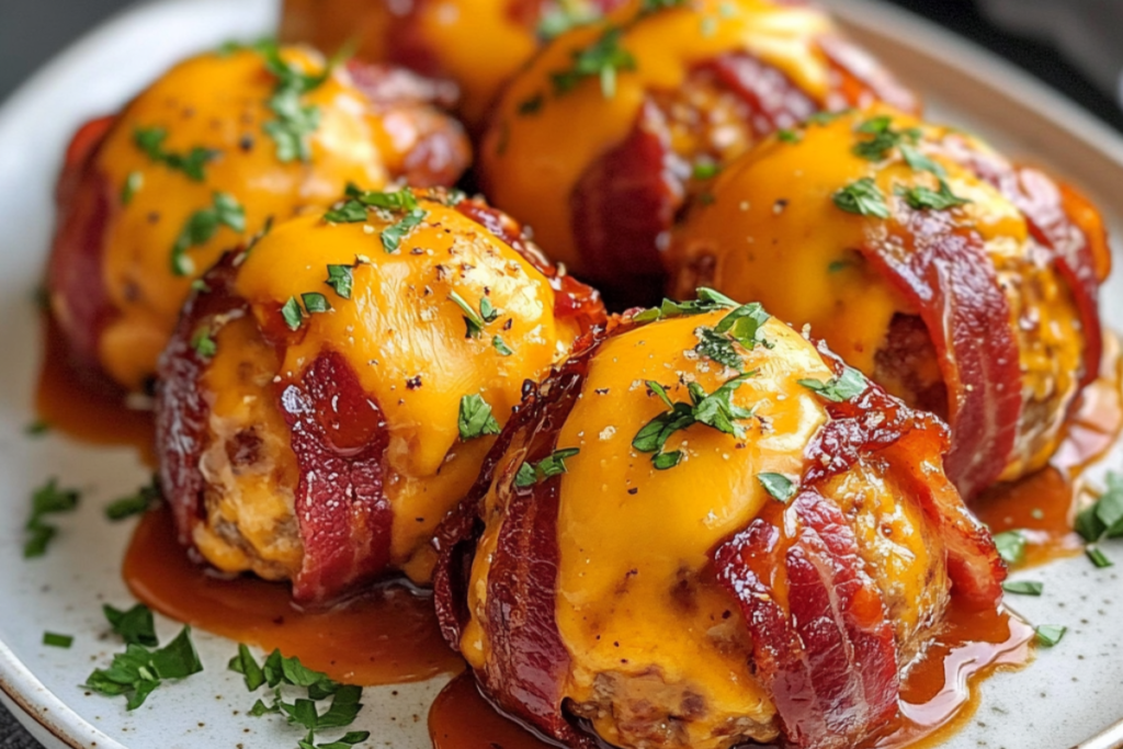 Cheddar-Stuffed BBQ Bacon Bombs wrapped in crispy bacon, glazed with barbecue sauce, and served hot.