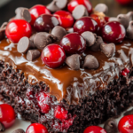 Easy Cherry Chocolate Chip Poke Cake topped with whipped cream, cherry pie filling, and chocolate chips.