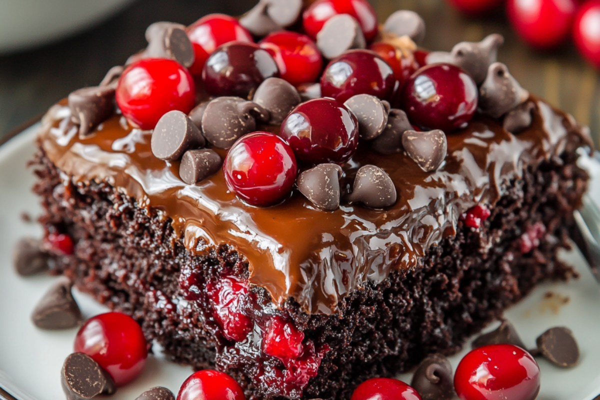 Easy Cherry Chocolate Chip Poke Cake topped with whipped cream, cherry pie filling, and chocolate chips.