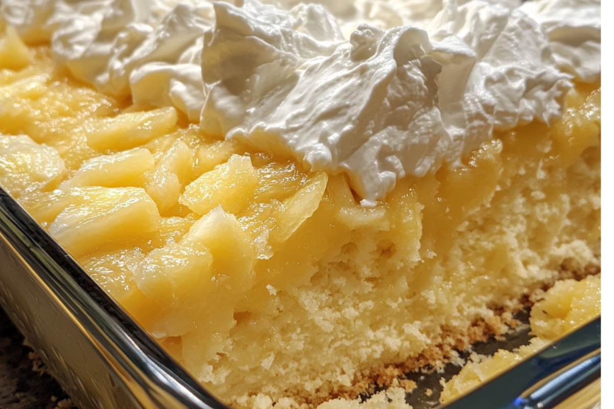 Juicy Pineapple Heaven Cake topped with whipped cream and crushed pineapple, served on a dessert plate.