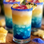Hoochie Mama Shots in colorful layered hues, served in shot glasses with sugared rims and fruit garnishes.