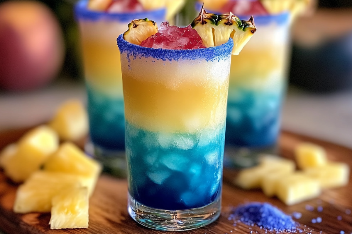 Hoochie Mama Shots in colorful layered hues, served in shot glasses with sugared rims and fruit garnishes.