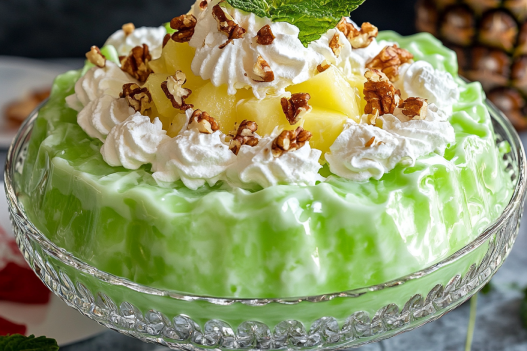 Grandma’s Lime Green Jello Salad with whipped topping and crushed pineapple, served in a vintage glass dish.