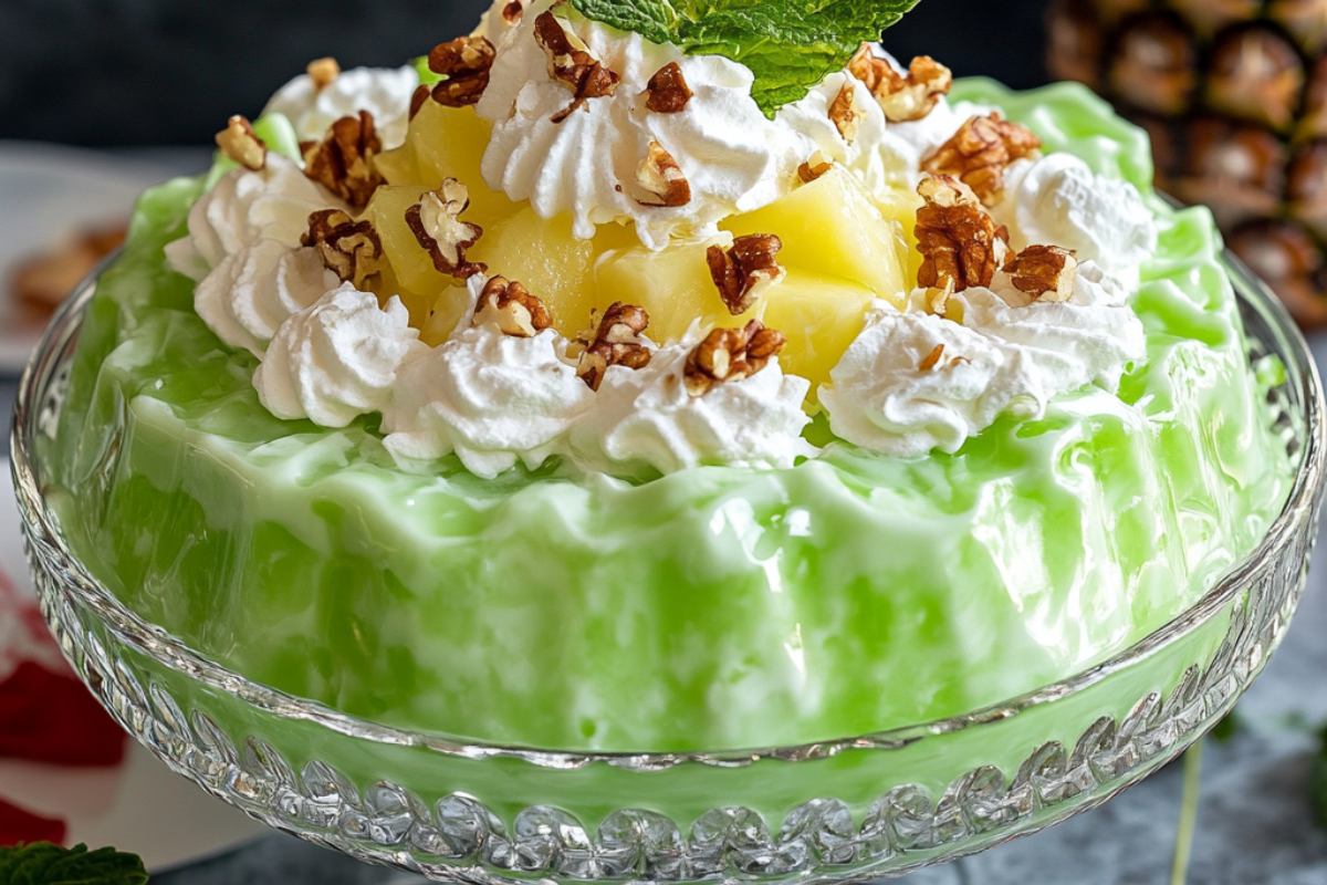 Grandma’s Lime Green Jello Salad with whipped topping and crushed pineapple, served in a vintage glass dish.
