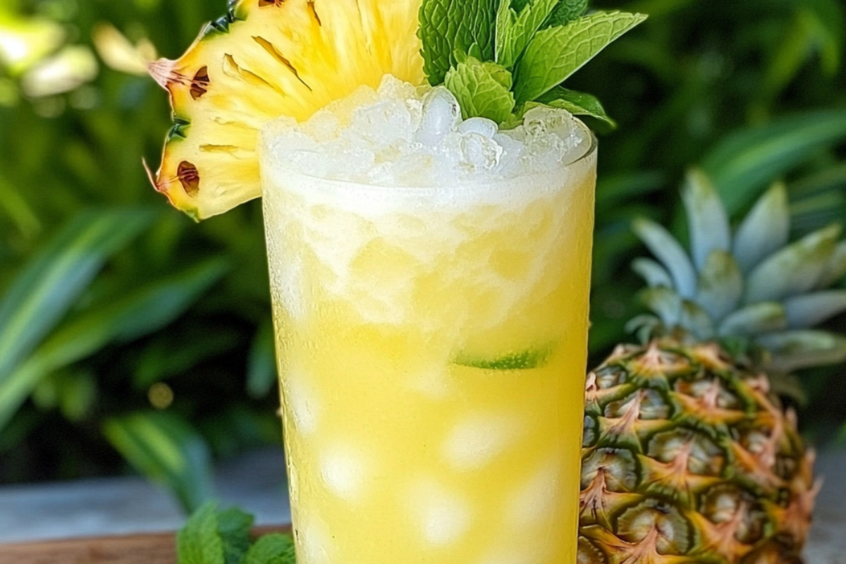 Pineapple Lime Breeze Cocktail served over ice with fresh pineapple chunks and lime slices in a tall glass.