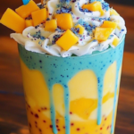 Mango Blue Raspberry Pulse Frappuccino served in a tall glass with vibrant blue and yellow layers, topped with whipped cream.