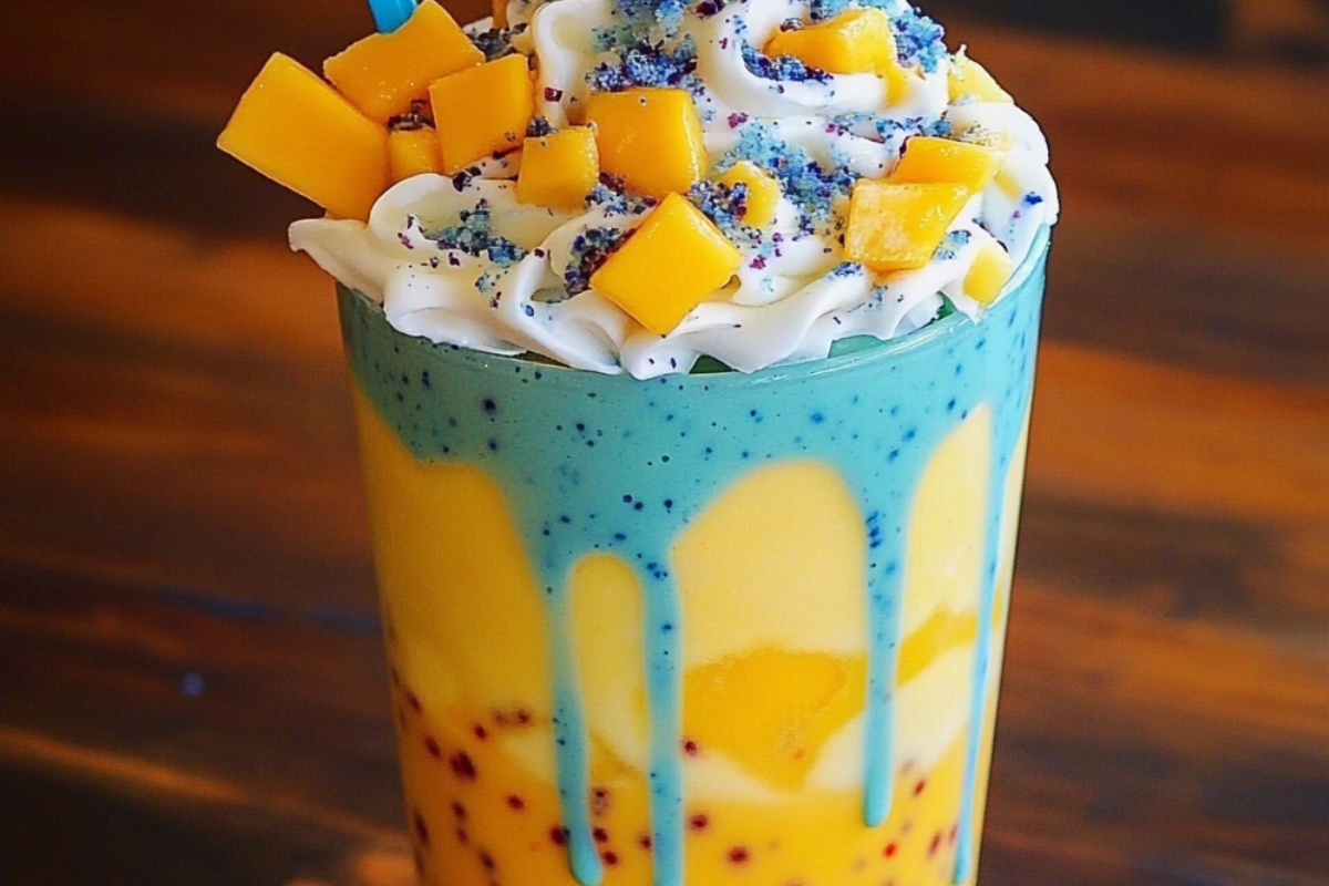 Mango Blue Raspberry Pulse Frappuccino served in a tall glass with vibrant blue and yellow layers, topped with whipped cream.