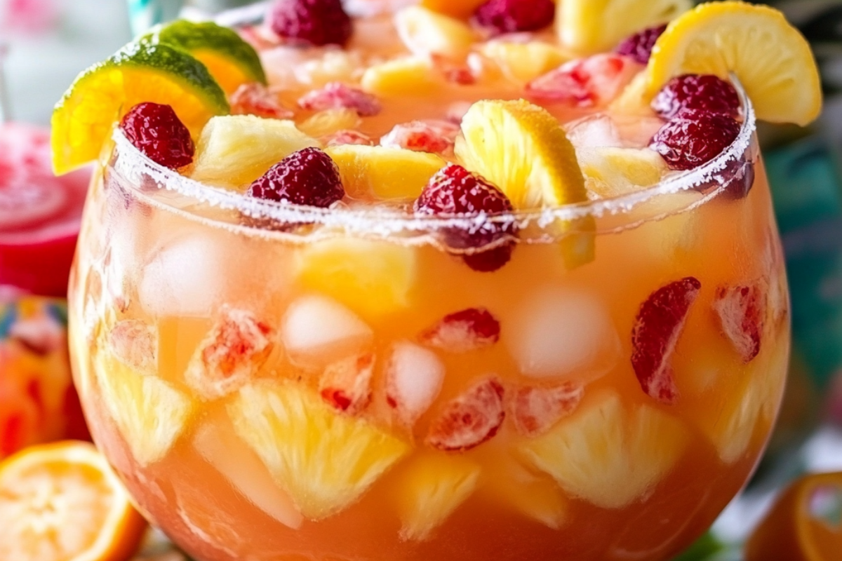 Ultimate Strong Party Punch served in a large punch bowl with colorful fruit slices and ice, perfect for celebrations.