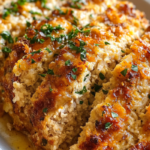 Garlic Parmesan Chicken Meatloaf sliced and served with a golden crust, garnished with fresh herbs.