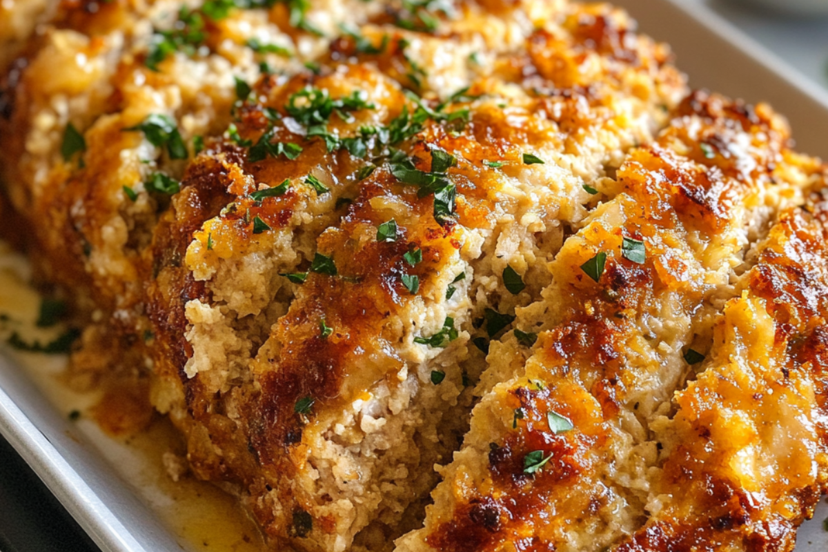 Garlic Parmesan Chicken Meatloaf sliced and served with a golden crust, garnished with fresh herbs.