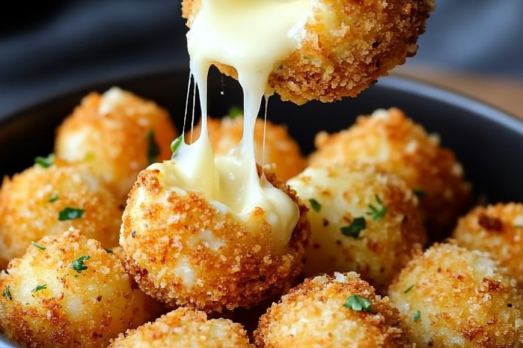 Crispy Mozzarella Fried Cheese Bites served with marinara dipping sauce, golden and gooey inside.