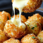 Crispy Mozzarella Fried Cheese Bites served with marinara dipping sauce, golden and gooey inside.