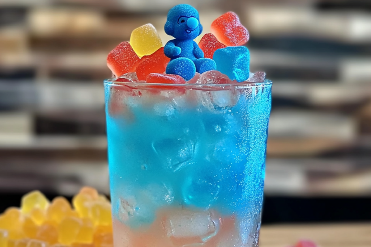 Drunken Papa Smurf Cocktail with a vibrant blue hue, served in a tall glass with a cherry garnish.