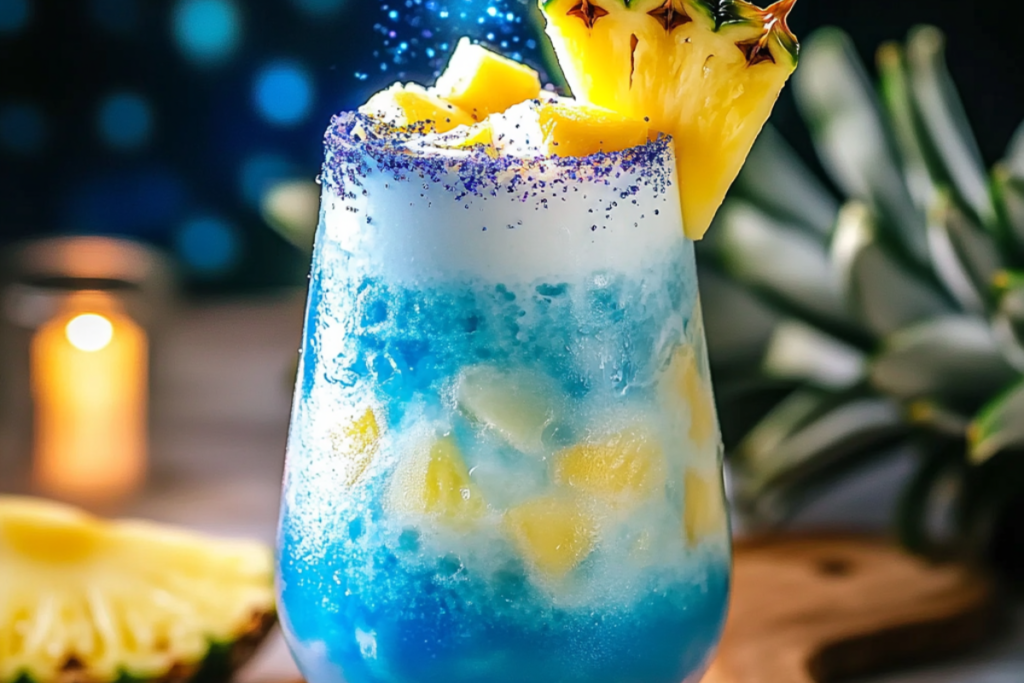 Midnight Magic Colada cocktail with a dark, mystical color and creamy coconut texture, garnished with a cherry.