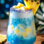 Midnight Magic Colada cocktail with a dark, mystical color and creamy coconut texture, garnished with a cherry.