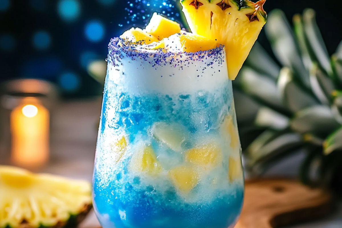 Midnight Magic Colada cocktail with a dark, mystical color and creamy coconut texture, garnished with a cherry.