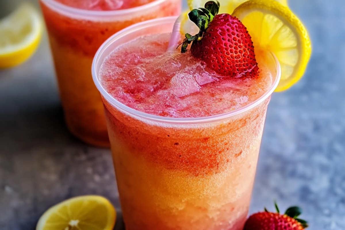 Vodka Strawberry Lemonade Slush served in a chilled glass with fresh strawberries and lemon slices.