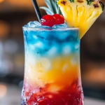 Blue Hawaiian Sunrise Cocktail with layered blue and orange hues, served in a tall glass with a cherry and pineapple garnish.