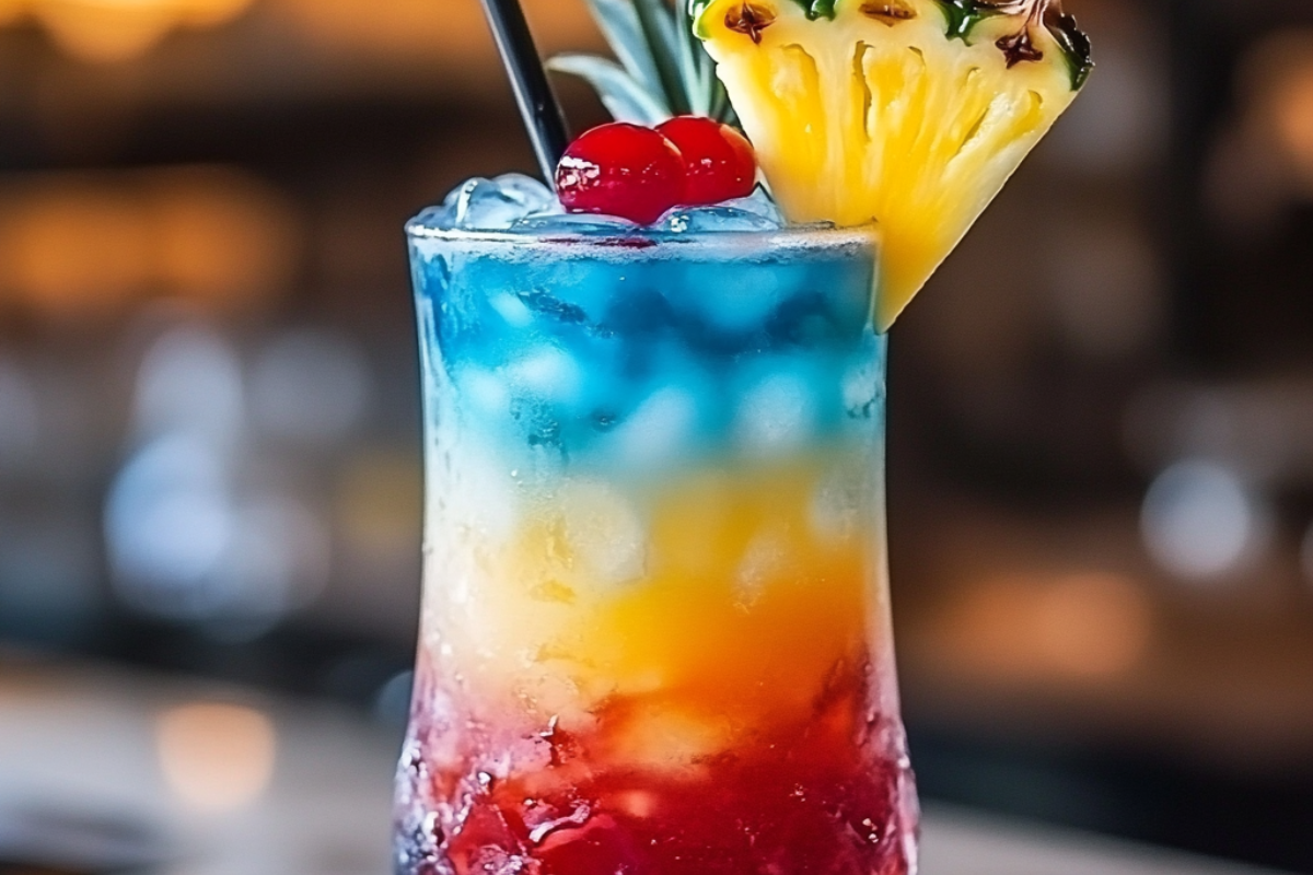 Blue Hawaiian Sunrise Cocktail with layered blue and orange hues, served in a tall glass with a cherry and pineapple garnish.