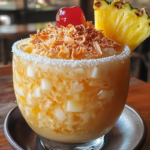 The Island Cure cocktail, a Cheddar’s Painkiller copycat, served over ice with a pineapple wedge and nutmeg sprinkle.