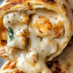 Cheesy Garlic Chicken Wraps filled with tender grilled chicken, melted cheese, and garlic sauce, served warm.
