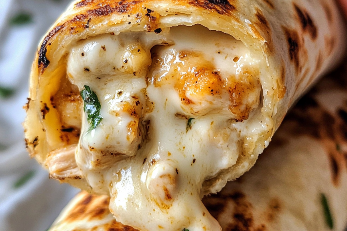 Cheesy Garlic Chicken Wraps filled with tender grilled chicken, melted cheese, and garlic sauce, served warm.
