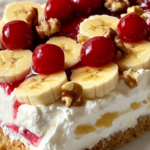 No-Bake Banana Split Cake layered with graham cracker crust, creamy filling, fresh bananas, and cherries on top.
