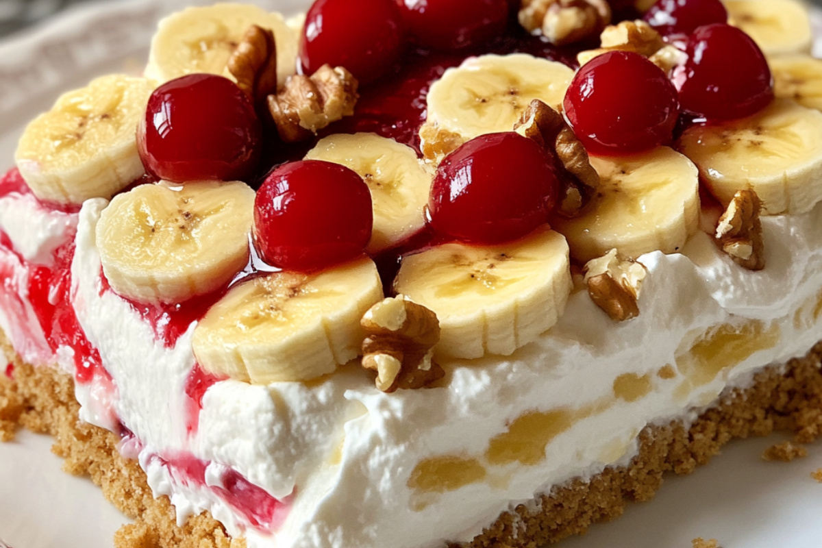 No-Bake Banana Split Cake layered with graham cracker crust, creamy filling, fresh bananas, and cherries on top.