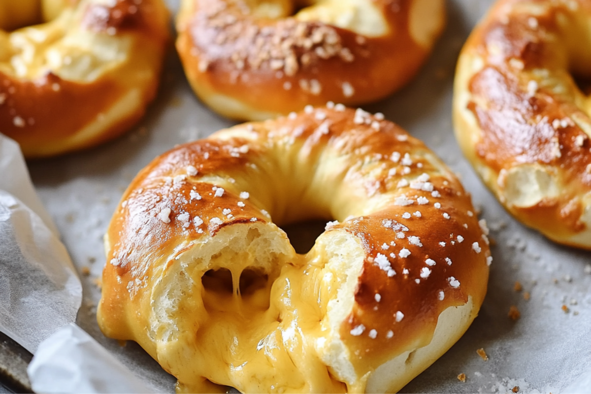 Warm, golden cheese-stuffed pretzels with a soft, chewy texture and gooey cheese filling.