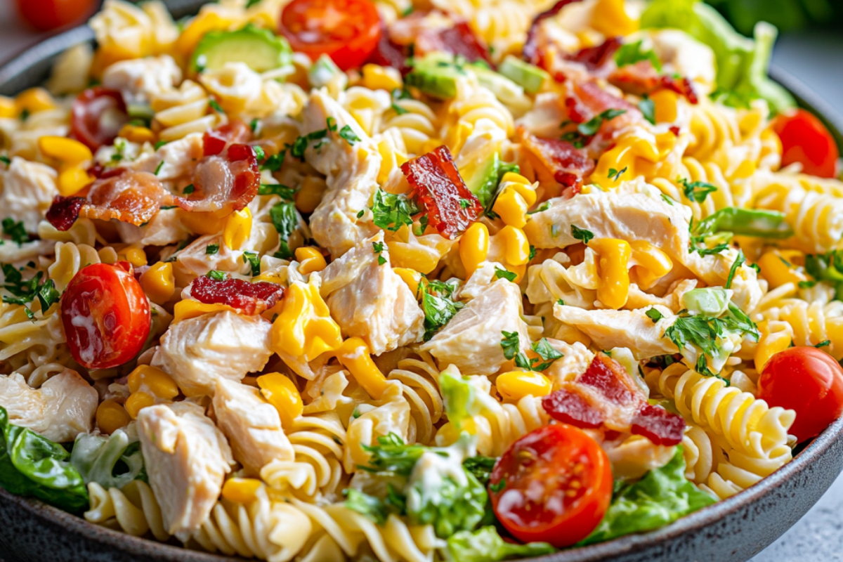 Easy Chicken Club Pasta Salad with rotini, grilled chicken, crispy bacon, cheddar cheese, and cherry tomatoes.