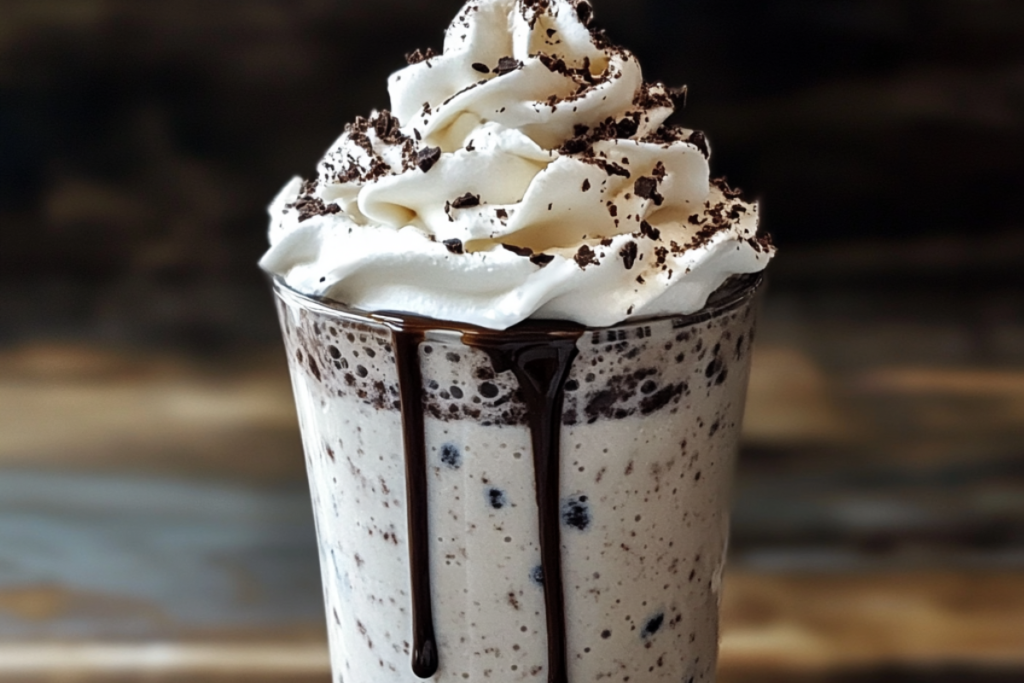 Cookies & Cream Frappuccino topped with whipped cream and crushed chocolate cookies, served in a chilled glass.