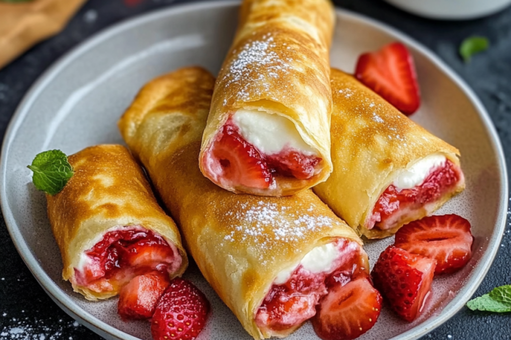 Golden Strawberry Cheesecake Chimichangas filled with creamy cheesecake and fresh strawberries, dusted with cinnamon sugar.