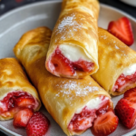 Golden Strawberry Cheesecake Chimichangas filled with creamy cheesecake and fresh strawberries, dusted with cinnamon sugar.