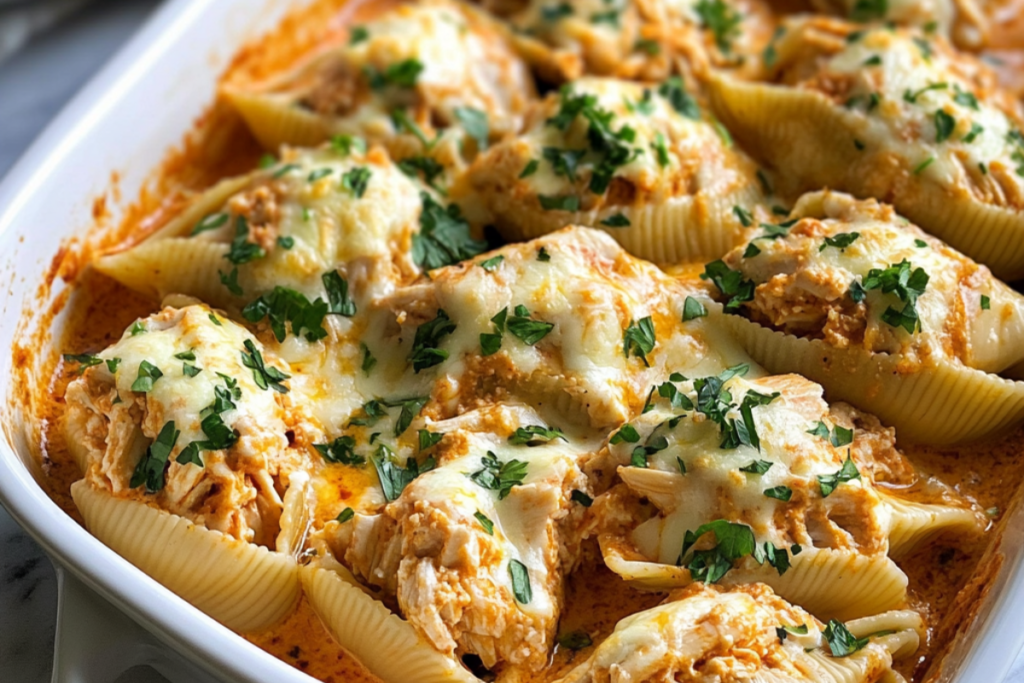 Creamy Cajun Chicken Stuffed Shells baked with cheese and spicy Alfredo sauce, served hot in a casserole dish