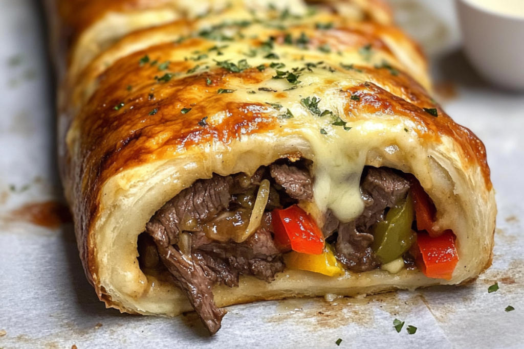 Philly Cheesesteak Stromboli filled with sliced beef, peppers, onions, and melted cheese, wrapped in golden dough.