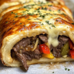 Philly Cheesesteak Stromboli filled with sliced beef, peppers, onions, and melted cheese, wrapped in golden dough.