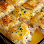 Ham and Cheese Butter Swim Biscuits baked golden in a pool of butter, filled with savory ham and melted cheese.