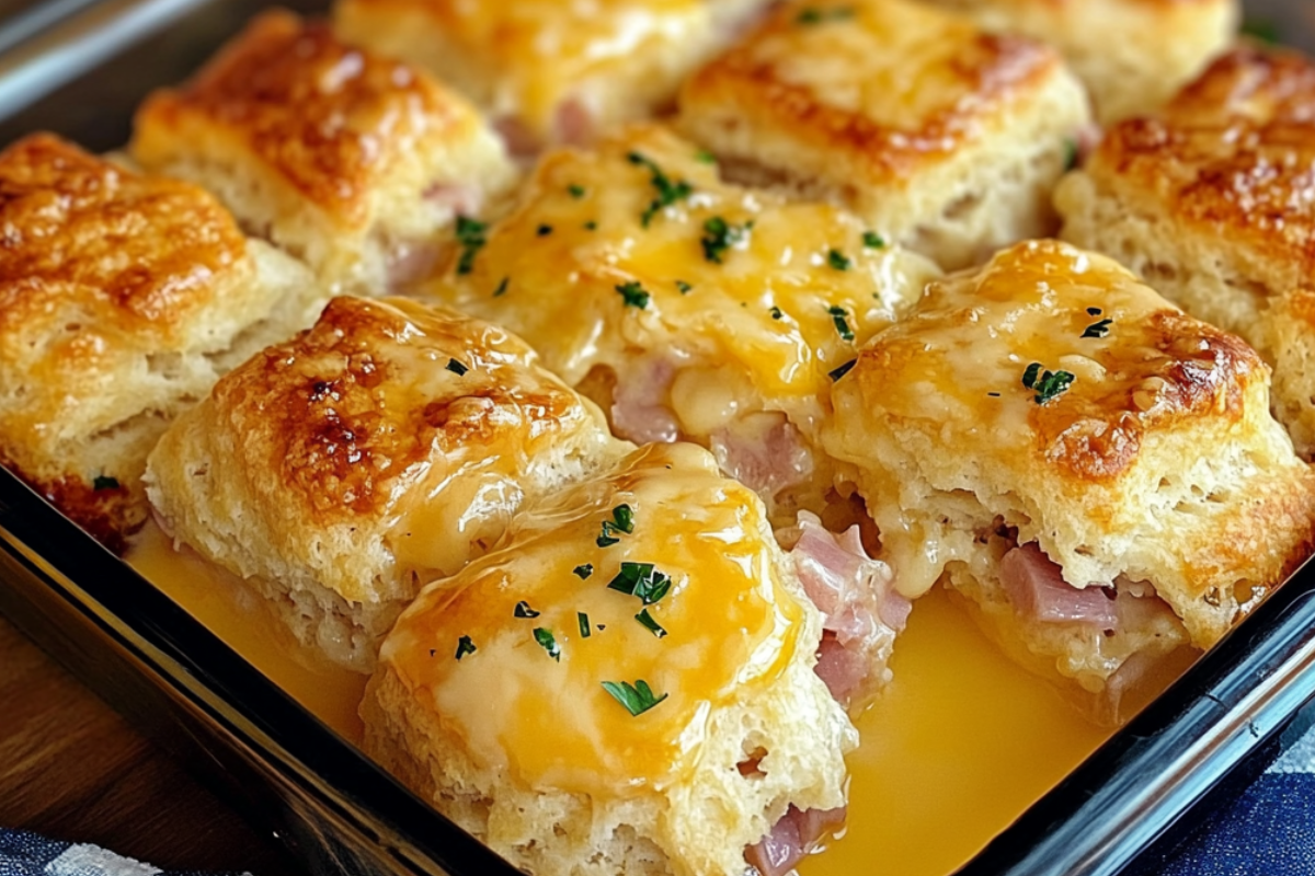 Ham and Cheese Butter Swim Biscuits baked golden in a pool of butter, filled with savory ham and melted cheese.