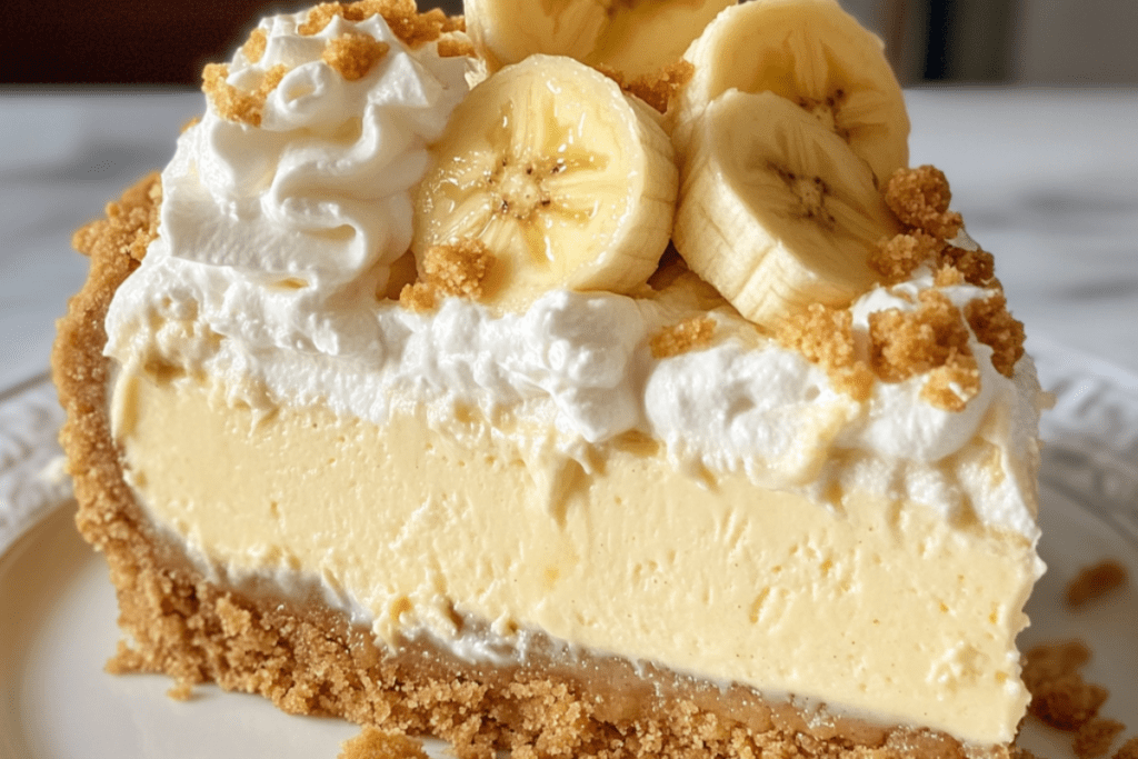 Banana Pudding Cheesecake with a vanilla wafer crust, creamy banana-flavored filling, and whipped topping.