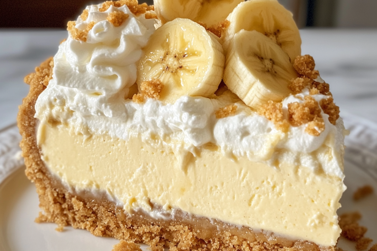 Banana Pudding Cheesecake with a vanilla wafer crust, creamy banana-flavored filling, and whipped topping.