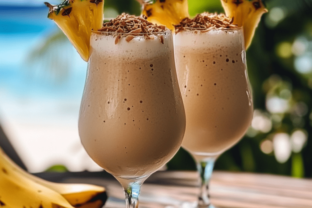 Frozen Baileys Colada cocktail blended with Baileys Irish Cream, coconut cream, and pineapple juice, served with a cherry.