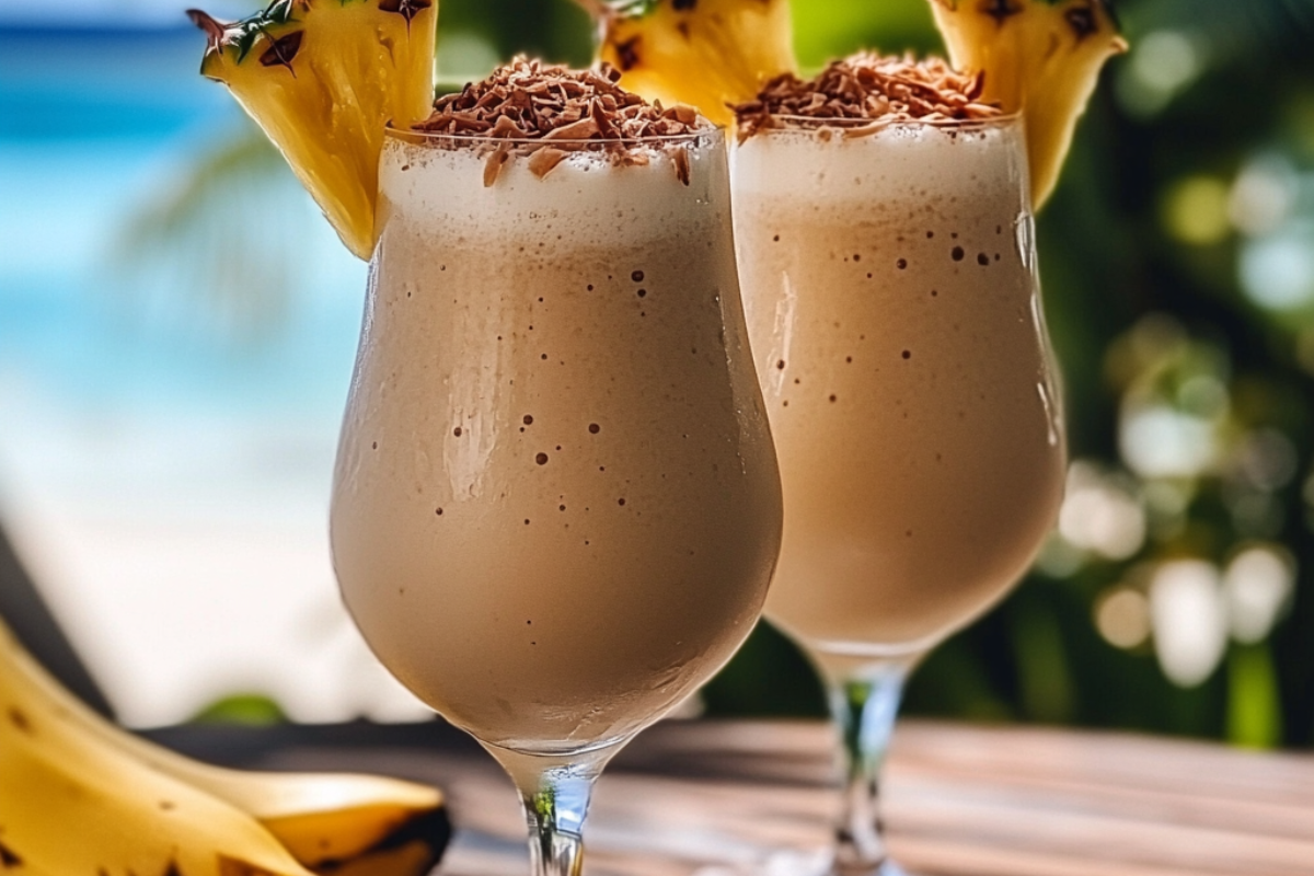 Frozen Baileys Colada cocktail blended with Baileys Irish Cream, coconut cream, and pineapple juice, served with a cherry.