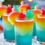 Bikini Bottom Punch Shots in vibrant blue and yellow hues, served in mini shot glasses with fruity garnishes.