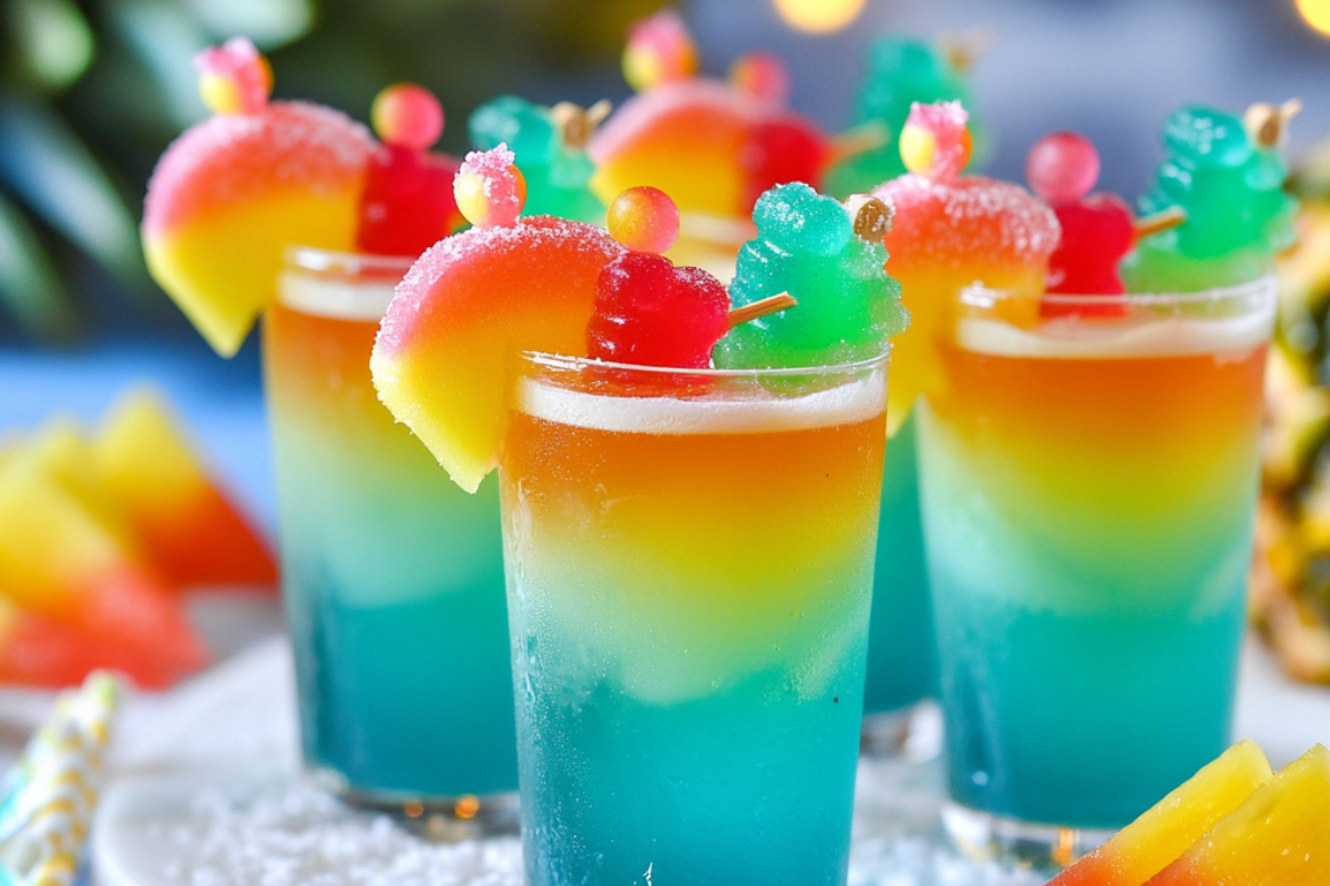 Bikini Bottom Punch Shots in vibrant blue and yellow hues, served in mini shot glasses with fruity garnishes.