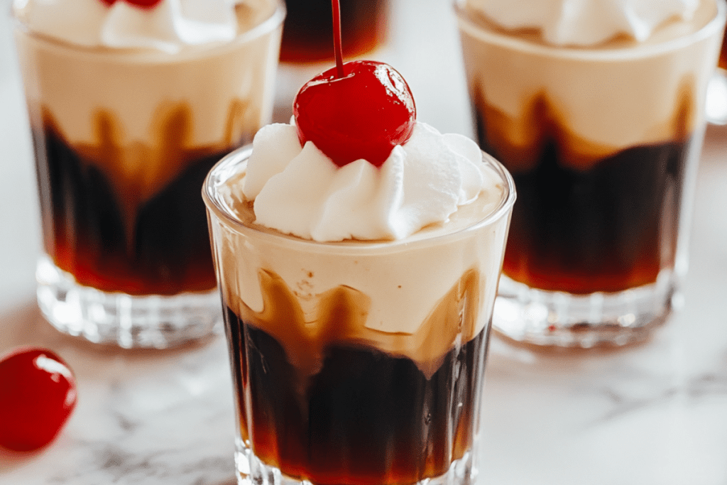 Root Beer Float Jello Shots in small cups with creamy foam tops and maraschino cherries for garnish.
