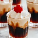 Root Beer Float Jello Shots in small cups with creamy foam tops and maraschino cherries for garnish.