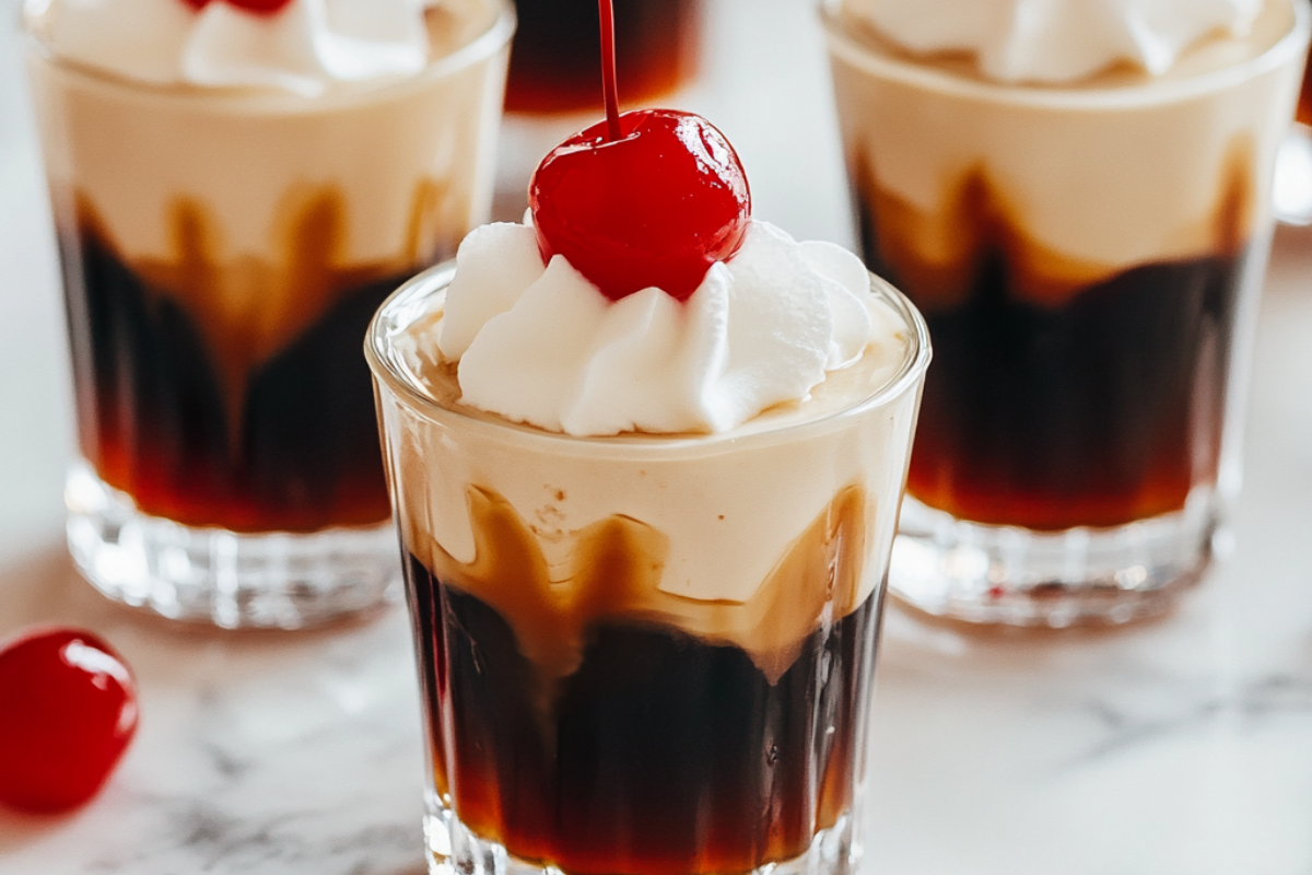 Root Beer Float Jello Shots in small cups with creamy foam tops and maraschino cherries for garnish.